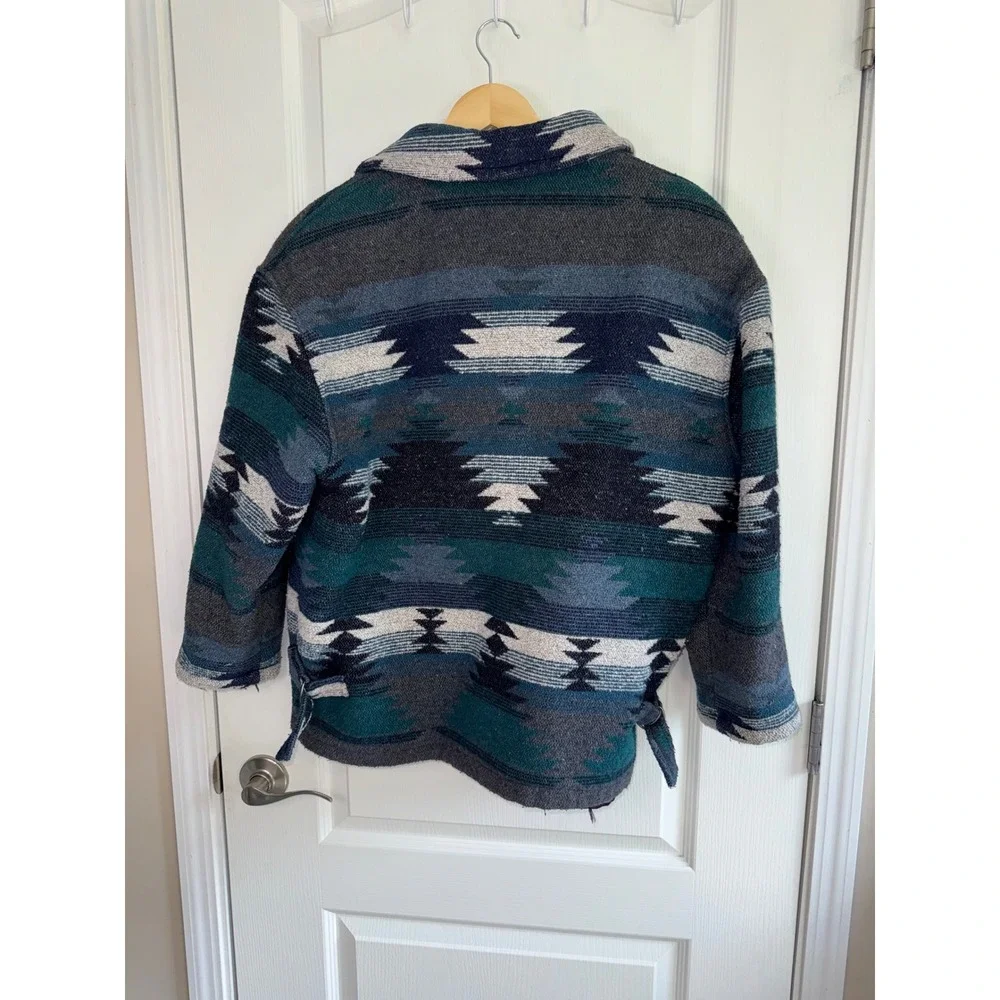 Vintage Braetan Southwestern Blanket Jacket Made USA Aztec Teal Blue WesternCoat